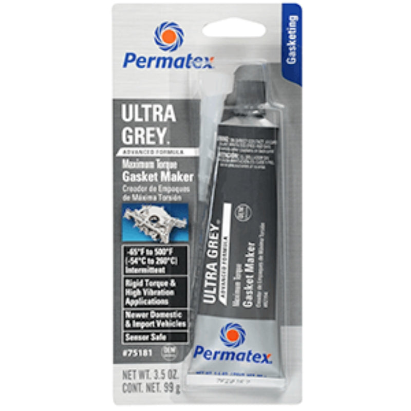 Grey gasket maker by Emery Jensen, 3.5 oz, flexible gasket material for sealing and repair applications.