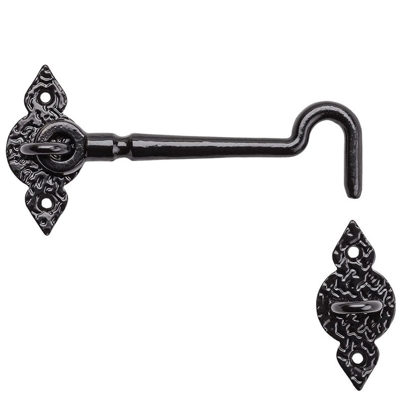 Black 6-inch gate hook from Emery Jensen gate accessories, showing its sturdy metal construction for securing gates.