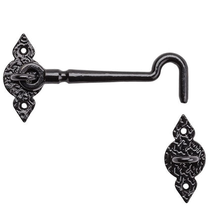 Black 6-inch gate hook from Emery Jensen gate accessories, showing its sturdy metal construction for securing gates.