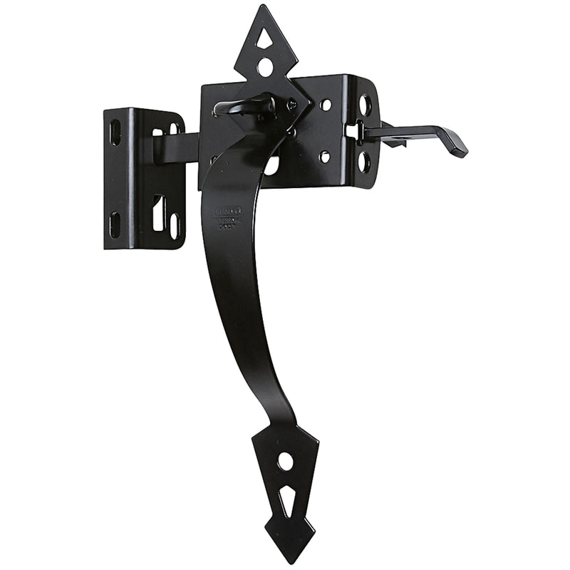 Black thumb latch gate accessory by Emery Jensen, showing a close-up of the latch mechanism on a gate.