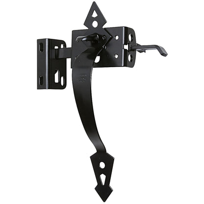 Black thumb latch gate accessory by Emery Jensen, showing a close-up of the latch mechanism on a gate.