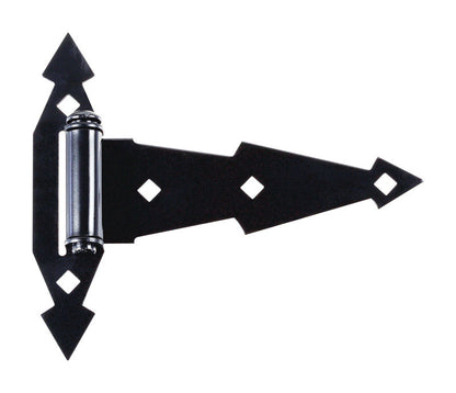 Black 7-inch DECO T-hinge gate hinge by Emery Jensen, showing the T-shaped metal hinge with mounting holes.