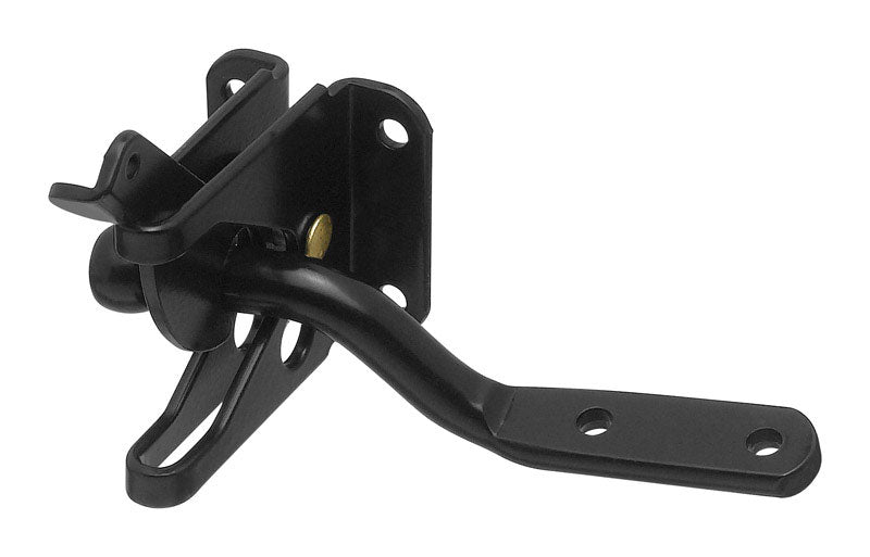 Black Emery Jensen auto gate latch mounted on a gate, showcasing secure and easy-to-use gate latch hardware for fencing.