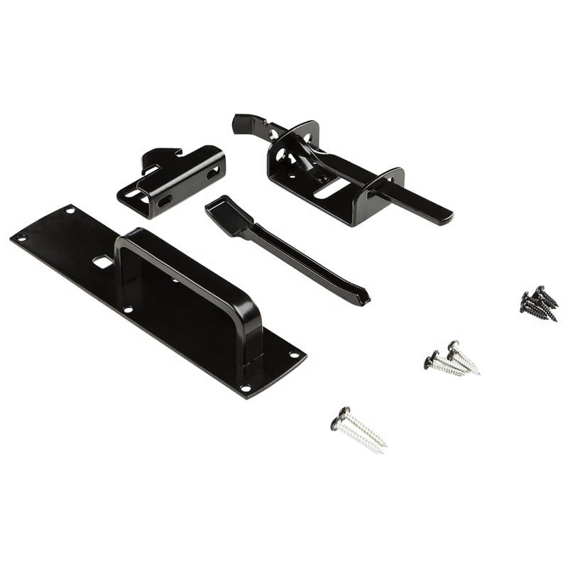 Black Emery Jensen gate latch with thumb latch, 6.3-inch durable metal gate latch for secure outdoor fencing.