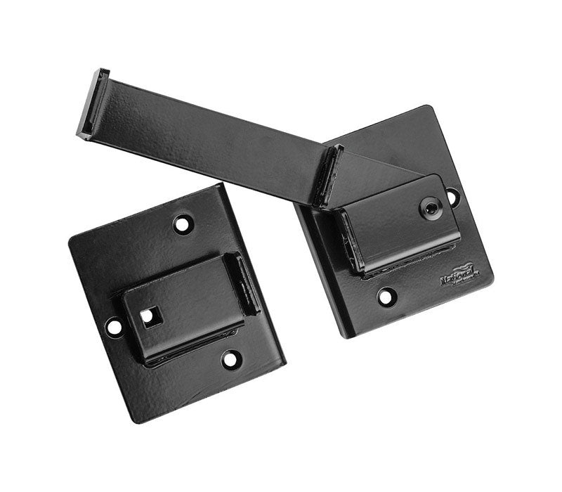 Emery Jensen heavy-duty black flip latch gate latch installed on a wooden gate for secure closure.