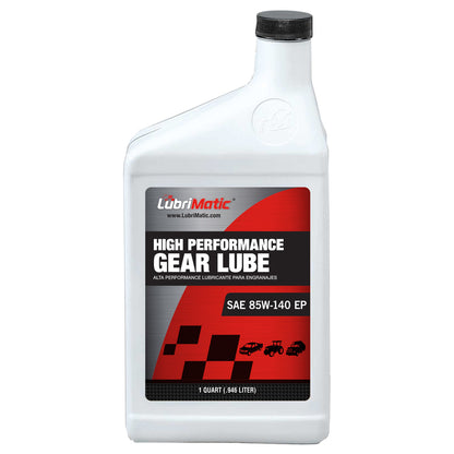 Six bottles of Emery Jensen Oil Gear 85W140LUBRMATIC gear lube in black containers for automatic transmissions.