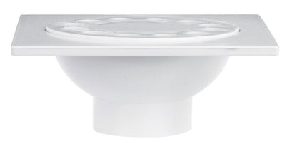 Emery Jensen 6x6-inch PVC drain bell trap for general purpose drainage, shown in a close-up view of the plastic fitting.