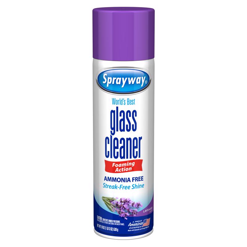 Emery Jensen glass cleaner aerosol with lavender scent in a 19oz spray bottle, designed for streak-free cleaning of glass surfaces.