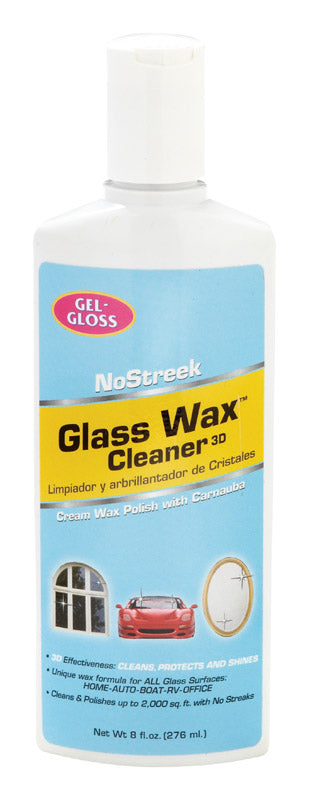 Emery Jensen Glass Wax Cleaner 8oz non-aerosol bottle showing clear liquid and label for streak-free glass cleaning