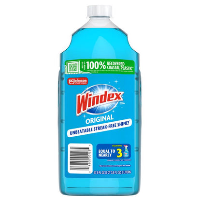 Emery Jensen Windex Original glass cleaner in 2-liter non-aerosol bottle with spray nozzle, suitable for cleaning glass surfaces.