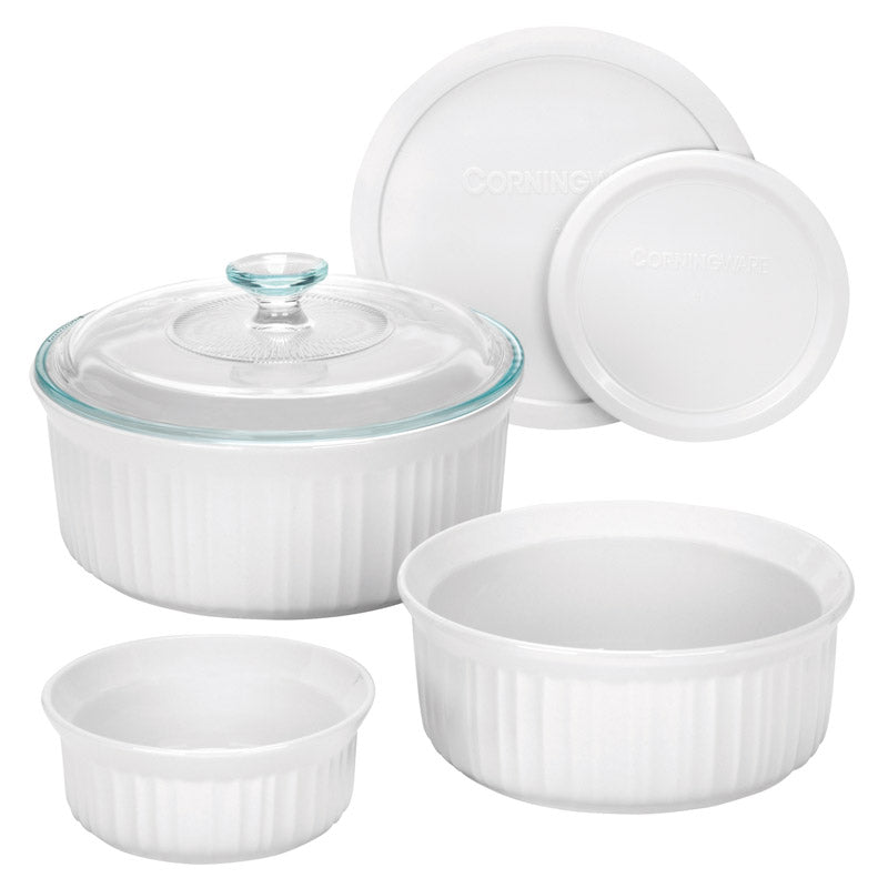 Emery Jensen CorningWare 6-piece FrenchWhite glass ovenware set with clear lids, ideal for baking and serving in the kitchen.