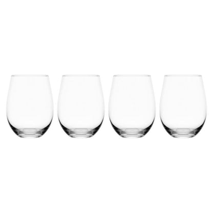 Set of four Emery Jensen wine glasses from the STEMLSS glassware set, clear, with elegant shape and smooth rims.