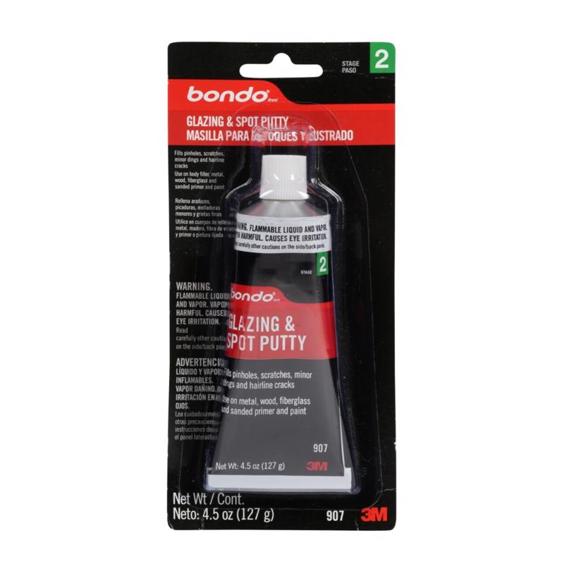 Emery Jensen Putty Glaze & Spot Putty in 4.5 oz container, used for filling and finishing surfaces in repair projects.