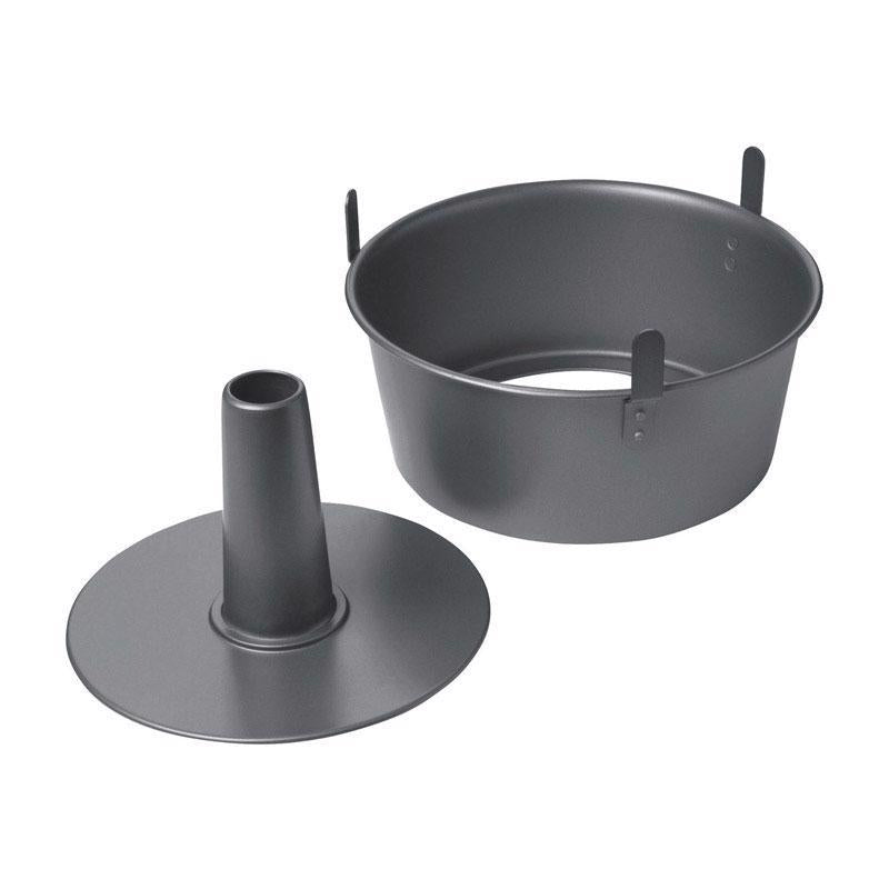 Emery Jensen Good Tin Bakeware 2-Piece Angel Food Cake Pan set, shiny metal with a smooth surface and high sides for baking angel food cakes.