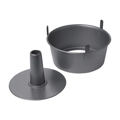 Emery Jensen Good Tin Bakeware 2-Piece Angel Food Cake Pan set, shiny metal with a smooth surface and high sides for baking angel food cakes.