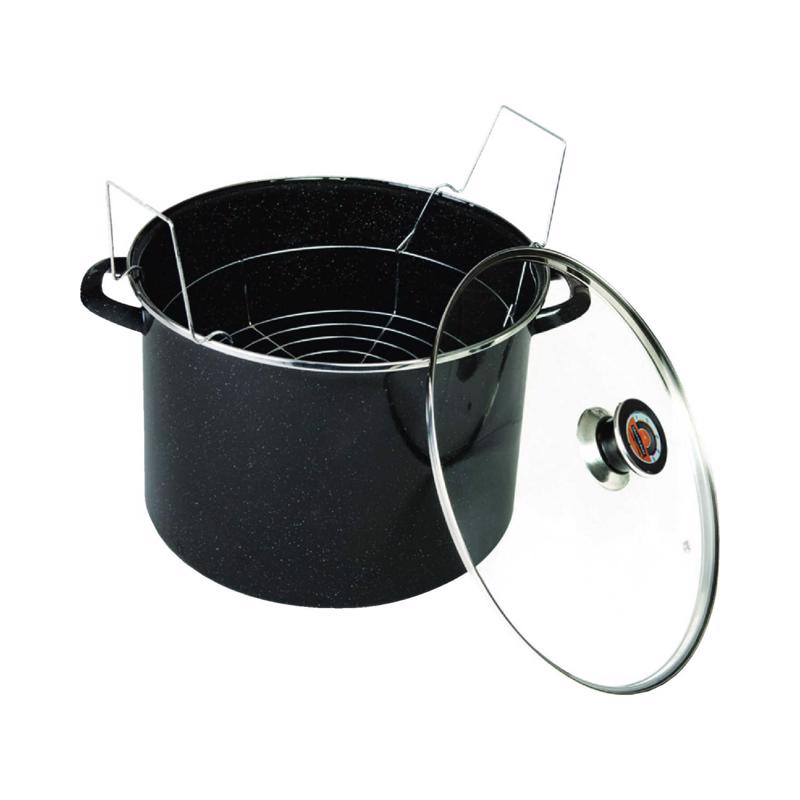 Black 21-quart graniteware canner from Emery Jensen with a durable steel construction, suitable for home food preservation.