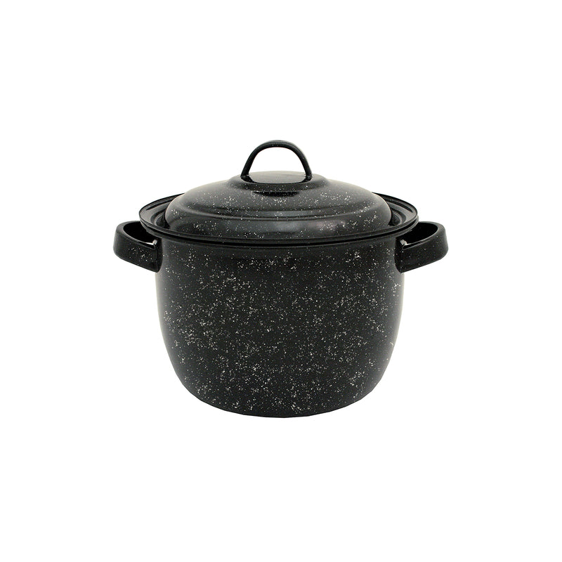 Black 4-quart graniteware pot with lid by Emery Jensen, showing the classic speckled design and sturdy handle.