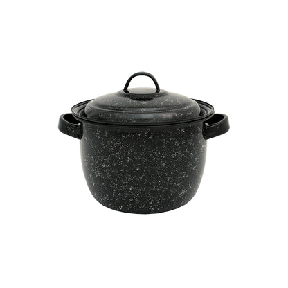 Black 4-quart graniteware pot with lid by Emery Jensen, showing the classic speckled design and sturdy handle.