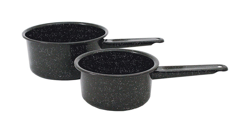 Emery Jensen graniteware black 2-piece saucepan set, durable cookware with black finish, ideal for versatile kitchen use.