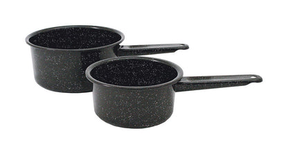 Emery Jensen graniteware black 2-piece saucepan set, durable cookware with black finish, ideal for versatile kitchen use.