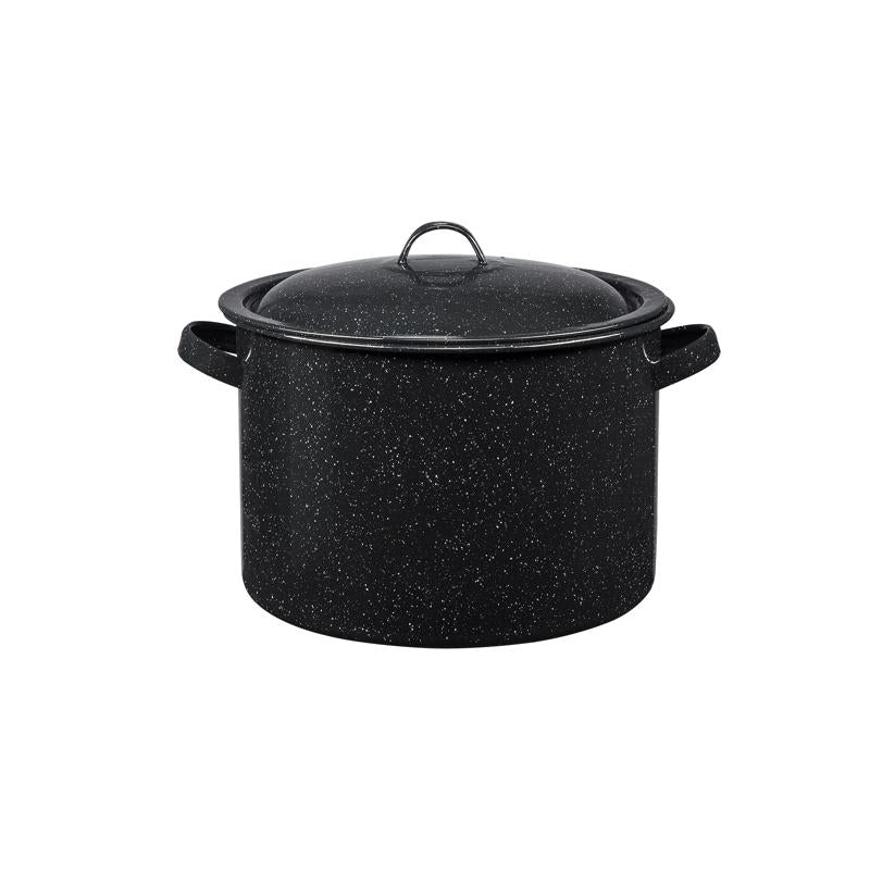 Black 7.5-quart graniteware stew pot by Emery Jensen, featuring a durable, classic design for stovetop cooking.