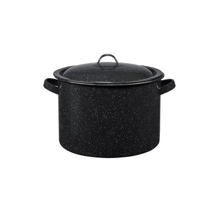 Black 7.5-quart graniteware stew pot by Emery Jensen, featuring a durable, classic design for stovetop cooking.