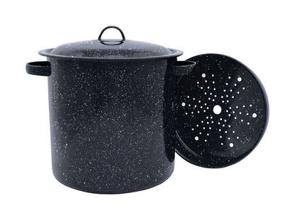 Emery Jensen Graniteware 15.5-quart stockpot with lid, durable stainless steel construction for cooking large batches.
