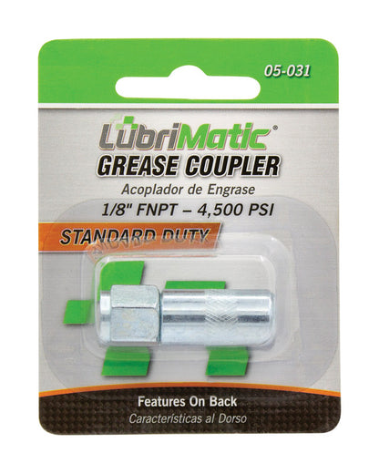Emery Jensen grease gun coupler with 1/8 inch FNPT fitting, compatible with grease guns and accessories for lubrication tasks.