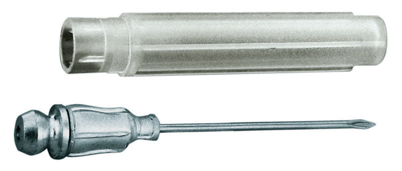 Emery Jensen grease injector needle attached to grease gun, essential accessory for precise lubrication and maintenance tasks.