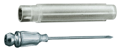 Emery Jensen grease injector needle attached to grease gun, essential accessory for precise lubrication and maintenance tasks.
