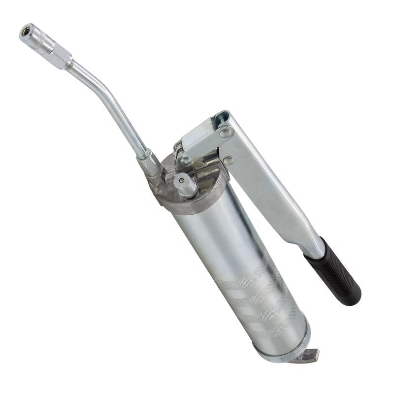 Steel grease gun by Emery Jensen, 14oz capacity, designed for applying lubrication with a durable pump and ergonomic grip.
