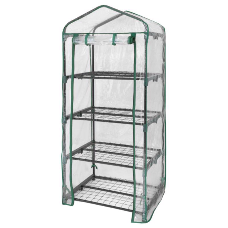 Clear 57-inch PVC greenhouse from Emery Jensen Greenshouses, showcasing its transparent panels and sturdy frame.