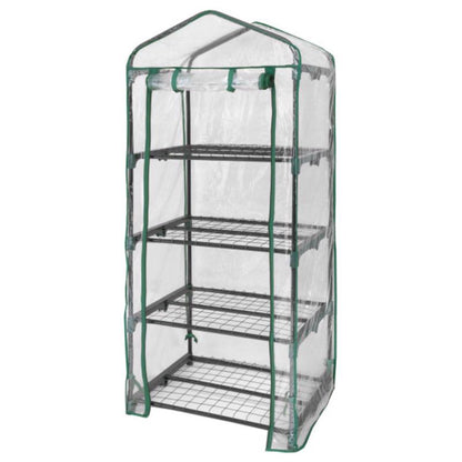 Clear 57-inch PVC greenhouse from Emery Jensen Greenshouses, showcasing its transparent panels and sturdy frame.