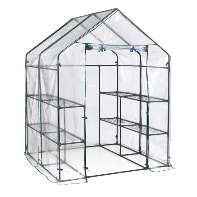 Clear 76-inch PVC greenhouse by Emery Jensen, showcasing the sturdy frame and transparent panels of the greenhouse.
