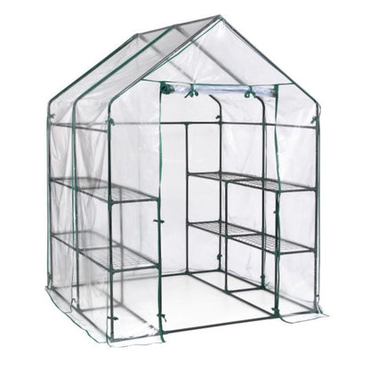 Clear 76-inch PVC greenhouse by Emery Jensen, showcasing the sturdy frame and transparent panels of the greenhouse.
