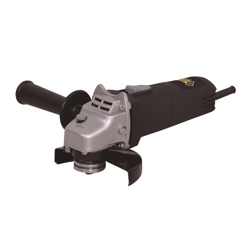 Emery Jensen 4.2 Amp angle grinder with a metal grinding disc, showing the handheld power tool ready for grinding tasks.
