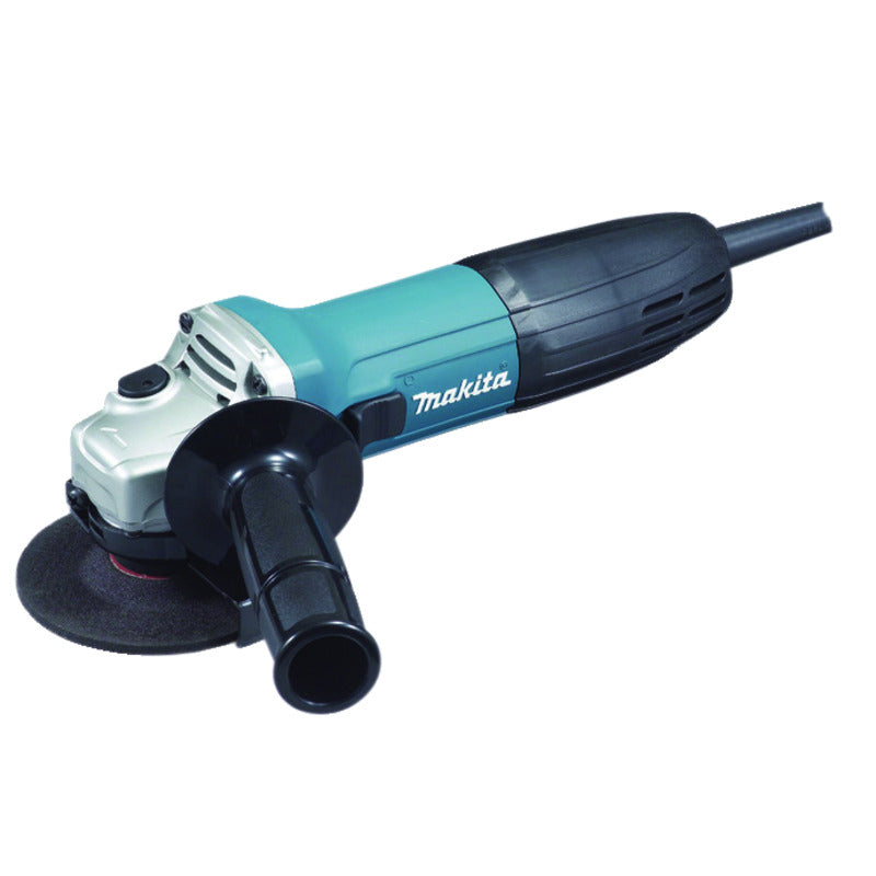 Emery Jensen 4.5-inch angle grinder with Makita brand logo, showing a power tool with a grinding wheel attached.