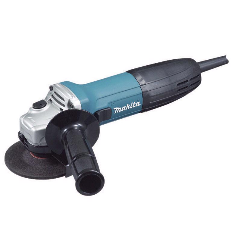 Emery Jensen 4-inch Makita angle grinder with black body and metal grinding disc for cutting and grinding tasks.