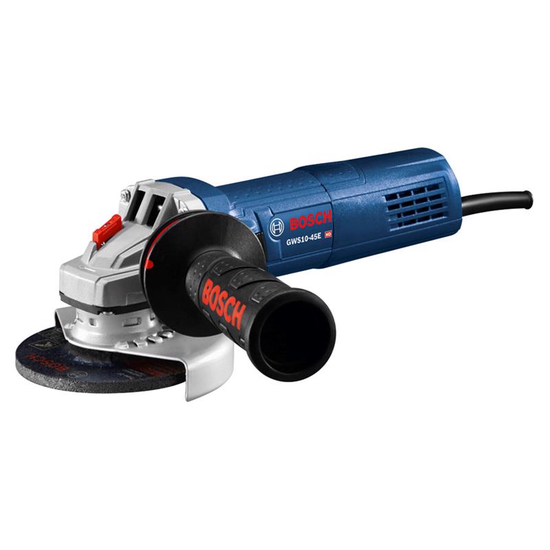 Emery Jensen 120V angle grinder with a metal grinding disc, black and silver body, and ergonomic handle for versatile grinding tasks.
