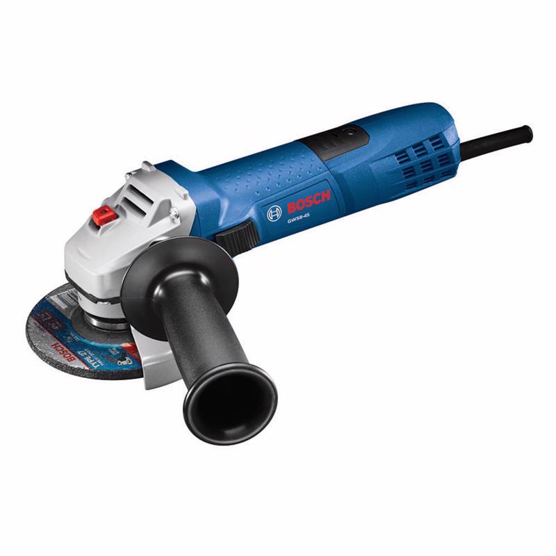 Corded 120V angle grinder from Emery Jensen, showing the power tool with a grinding disc for metal and surface grinding tasks.