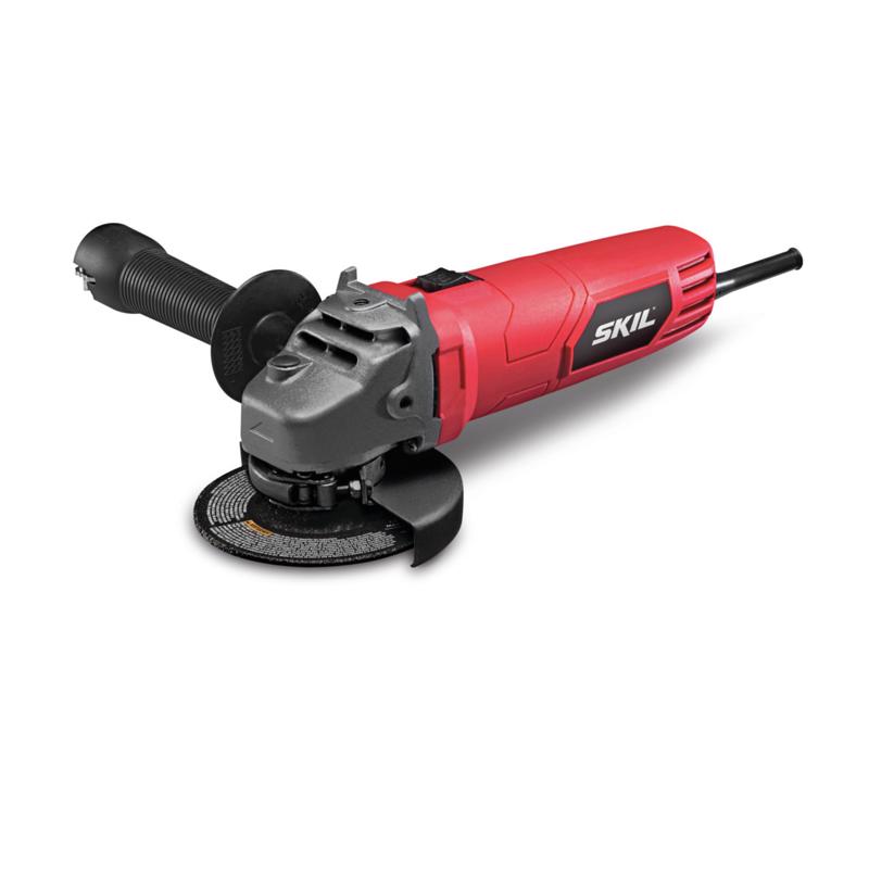 Emery Jensen 4 1/2-inch angle grinder with metal grinding wheel and ergonomic handle, ideal for cutting and grinding tasks.