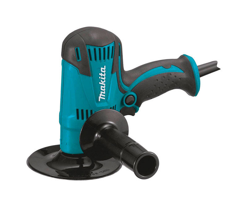 Emery Jensen 5-inch Makita sander disc grinder for polishing and grinding tasks, shown on a workbench.