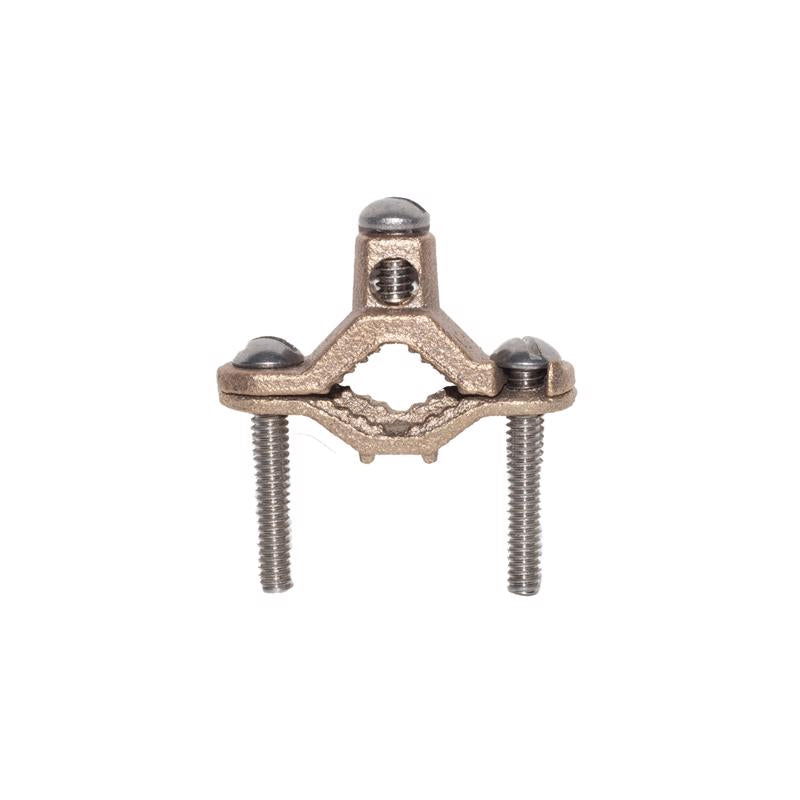 Emery Jensen grounding clamp fitting for 1/2-inch to 1-inch grounding connections, metal grounding fitting with screw clamp design.