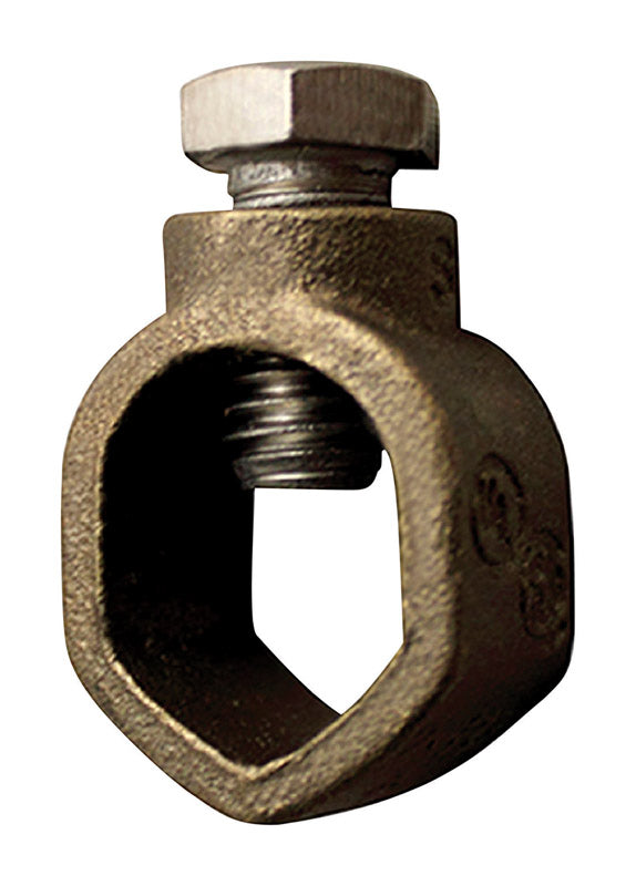 Emery Jensen 1/2-inch grounding rod clamp for grounding fittings, showing metal clamp with screw for secure electrical grounding.