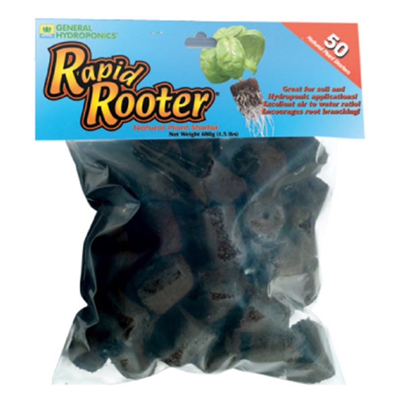 A pack of 50 Emery Jensen Rapid Rooter Plugs, small cylindrical growing media for plant propagation and root development.