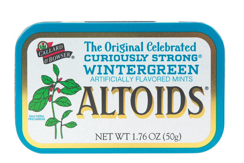 Pack of 12 Altoids mint breath mints by Emery Jensen, wintergreen flavor, gum and breath freshener in small tins.