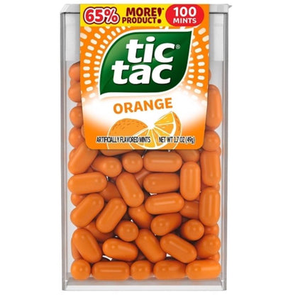 Pack of 12 Emery Jensen Tic Tac Orange breath mints, 1.7oz each, featuring bright orange mints in clear packaging.