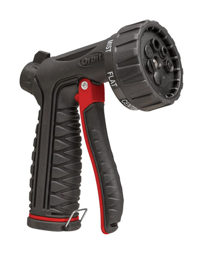 Emery Jensen gun hose nozzle with front trigger and 7 pattern spray settings for versatile watering.