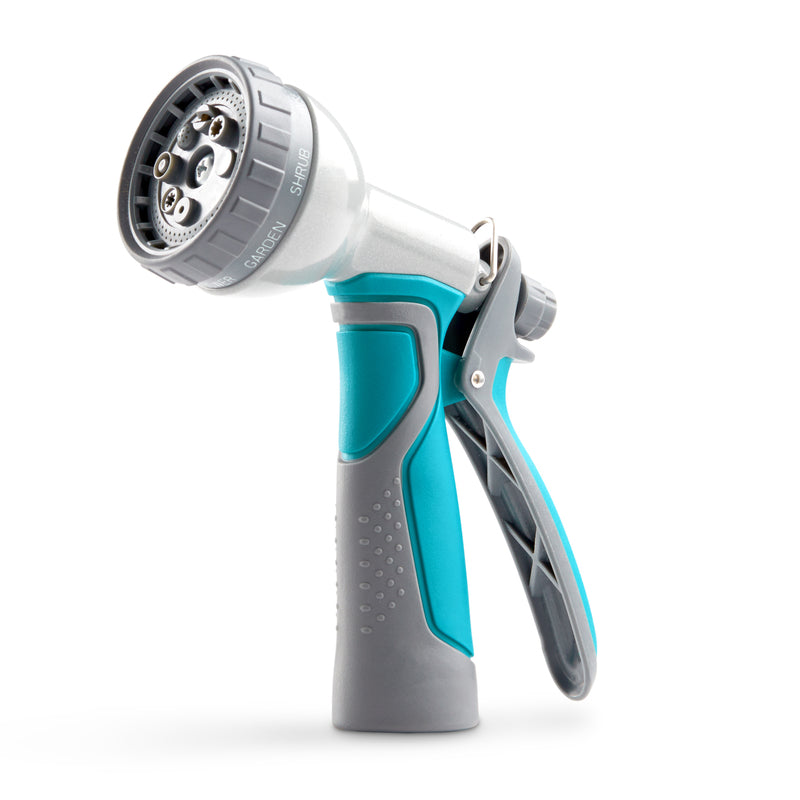 Emery Jensen gun hose nozzle with rear trigger, 8-pin design for garden watering and outdoor cleaning.