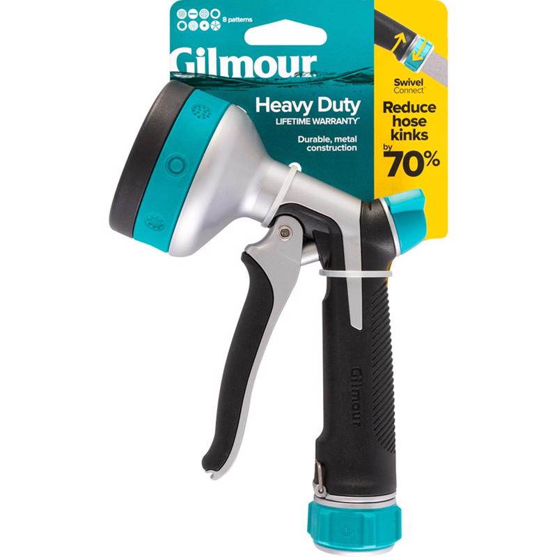Emery Jensen gun hose nozzle with adjustable spray pattern, black plastic handle, and metal nozzle for garden watering.